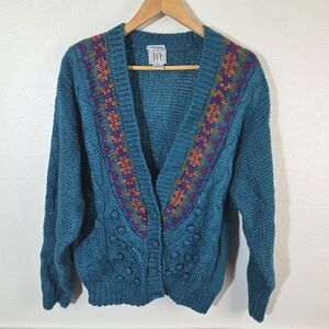 Vintage IVY Hand Knit Cardigan Sweater Teal Granny Cottagecore Button Up Size Sm